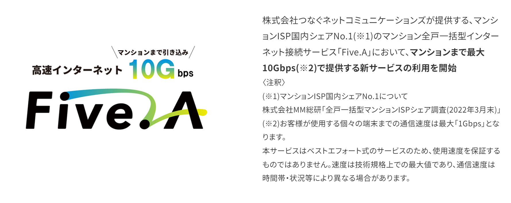 マンションまで引き込み 高速インターネット 10G bps
株式会社つなぐネットコミュニケーションズが提供する、マンションISP国内シェアNo.1(※1)のマンション全戸一括型インターネット接続サービス「Five.A」において、マンションまで最大10Gbps(※2)で提供する新サービスの利用を開始
〈注釈〉
(※1)マンションISP国内シェアNo.1について
株式会社MM総研「全戸一括型マンションISPシェア調査(2022年3月末)」
(※2)お客様が使用する個々の端末までの通信速度は最大「1Gbps」となります。
本サービスはベストエフォート式のサービスのため、使用速度を保証するものではありません。速度は技術規格上での最大値であり、通信速度は時間帯・状況等により異なる場合があります。